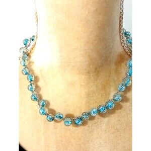 Beachy Silver Tone Chain 14" Necklace Blue Clear Acrylic Beads Coastal Sparkle